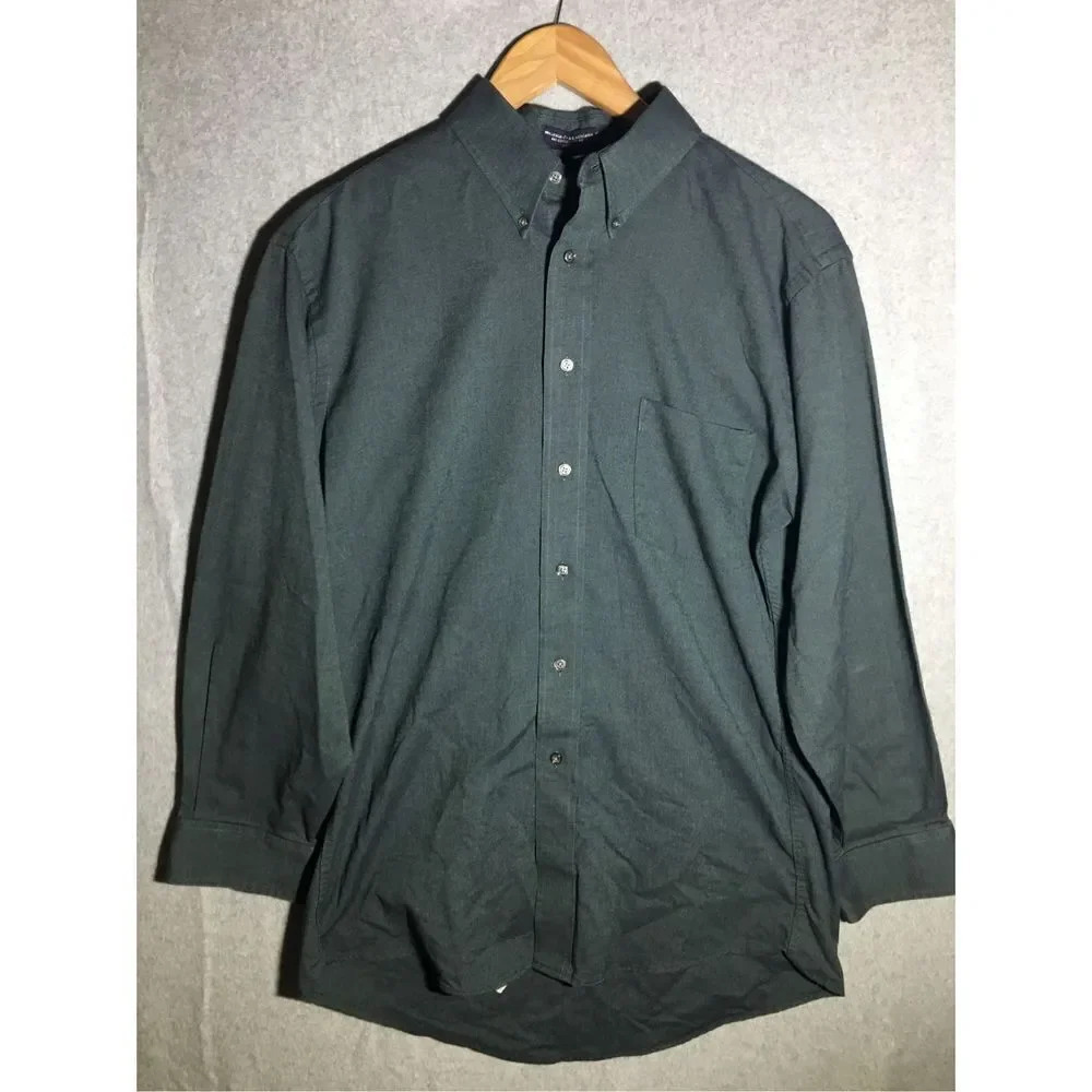 Mens Haggar Button Down Shirt Wrinkle Free Athletic Fit Dark Green Blue Casual